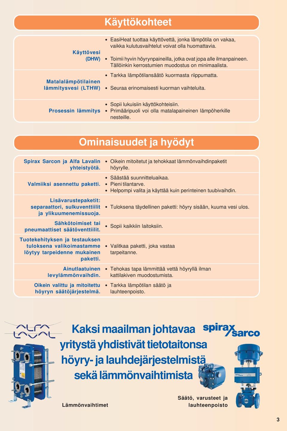 Seuraa erinomaisesti kuorman vaihteluita. Prosessin lämmitys Sopii lukuisiin käyttökohtsiin. Primääripuoli voi olla matalapainnen lämpöherkille nestlle.