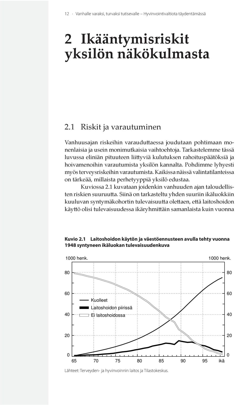 Tarkastelemme tässä luvussa eliniän pituuteen liittyviä kulutuksen rahoituspäätöksiä ja hoivamenoihin varautumista yksilön kannalta. Pohdimme lyhyesti myös terveysriskeihin varautumista.