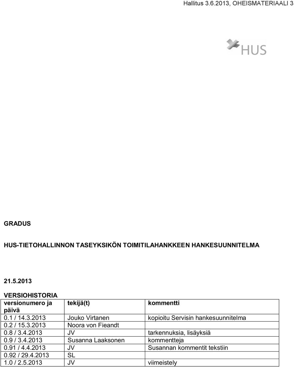 2 / 15.3.2013 Noora von Fieandt 0.8 / 3.4.2013 JV tarkennuksia, lisäyksiä 0.9 / 3.4.2013 Susanna Laaksonen kommentteja 0.