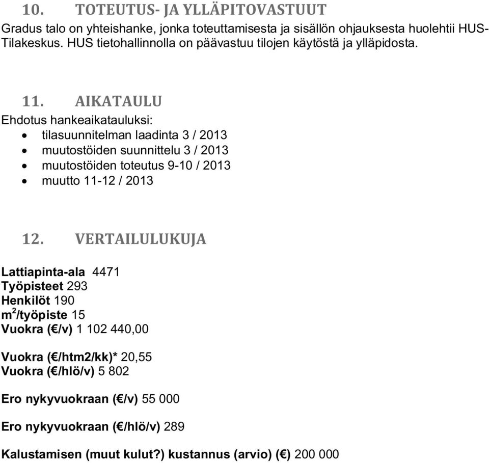 AIKATAULU Ehdotus hankeaikatauluksi: tilasuunnitelman laadinta 3 / 2013 muutostöiden suunnittelu 3 / 2013 muutostöiden toteutus 9-10 / 2013 muutto 11-12 / 2013 12.
