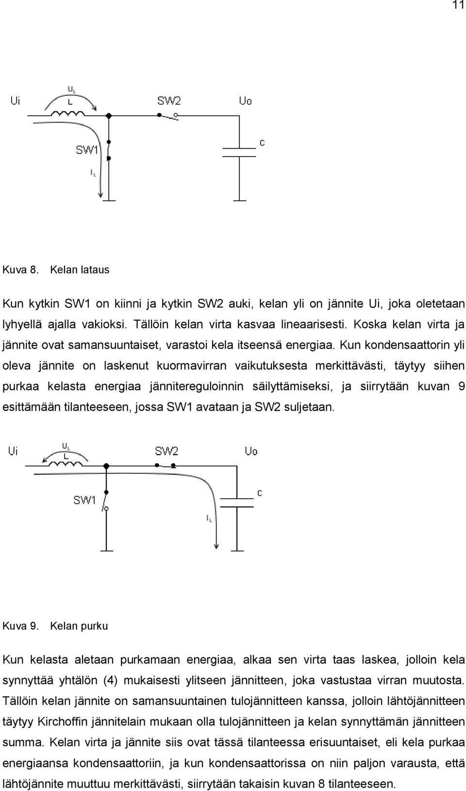 Kun kondensaattorin yli oleva jännite on laskenut kuormavirran vaikutuksesta merkittävästi, täytyy siihen purkaa kelasta energiaa jännitereguloinnin säilyttämiseksi, ja siirrytään kuvan 9 esittämään