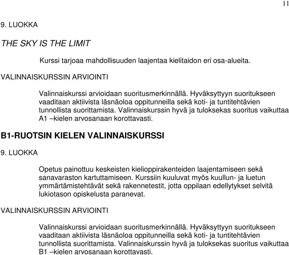 Valinnaiskurssin hyvä ja tuloksekas suoritus vaikuttaa A1 kielen arvosanaan korottavasti. B1-RUOTSIN KIELEN VALINNAISKURSSI 9.
