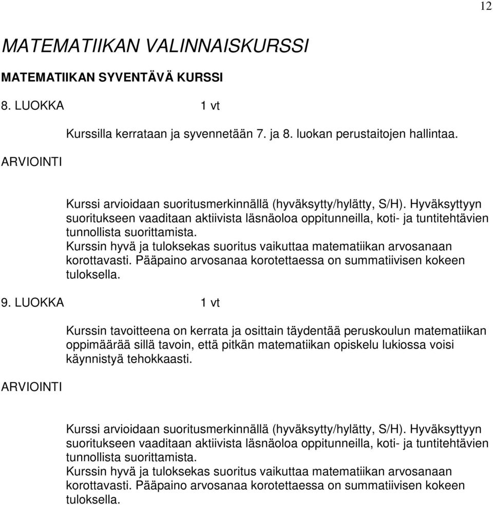 Kurssin hyvä ja tuloksekas suoritus vaikuttaa matematiikan arvosanaan korottavasti. Pääpaino arvosanaa korotettaessa on summatiivisen kokeen tuloksella. 9.