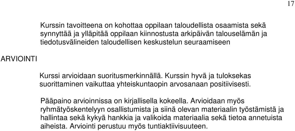 Kurssin hyvä ja tuloksekas suorittaminen vaikuttaa yhteiskuntaopin arvosanaan positiivisesti. Pääpaino arvioinnissa on kirjallisella kokeella.
