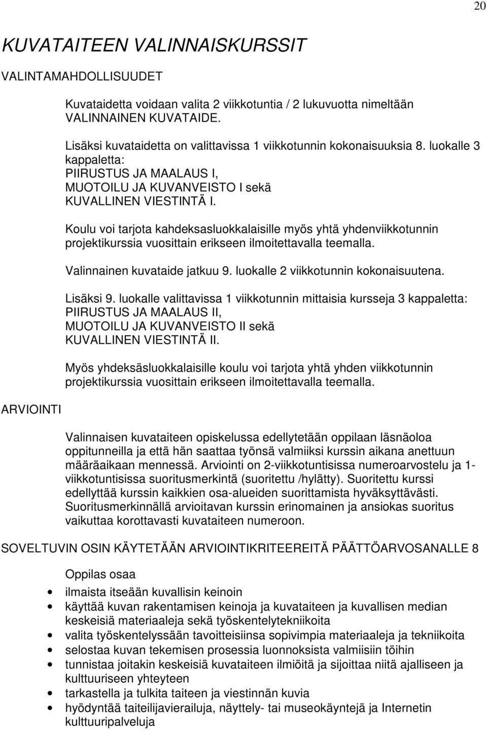 Koulu voi tarjota kahdeksasluokkalaisille myös yhtä yhdenviikkotunnin projektikurssia vuosittain erikseen ilmoitettavalla teemalla. Valinnainen kuvataide jatkuu 9.