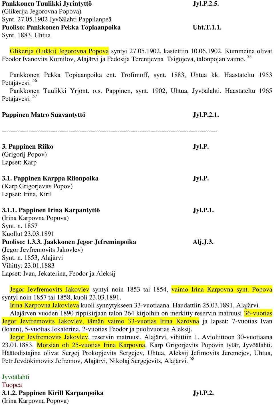 1883, Uhtua kk. Haastateltu 1953 Petäjävesi. 56 Pankkonen Tuulikki Yrjönt. o.s. Pappinen, synt. 1902, Uhtua,. Haastateltu 1965 Petäjävesi. 57 Pappinen Matro Suavantyttö Jyl.P.2.1. ------------------------------------------------------------------------------------------------- 3.