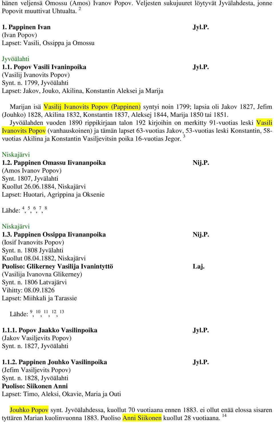 1799, Lapset: Jakov, Jouko, Akilina, Konstantin Aleksei ja Marija Marijan isä Vasilij Ivanovits Popov (Pappinen) syntyi noin 1799; lapsia oli Jakov 1827, Jefim (Jouhko) 1828, Akilina 1832, Konstantin