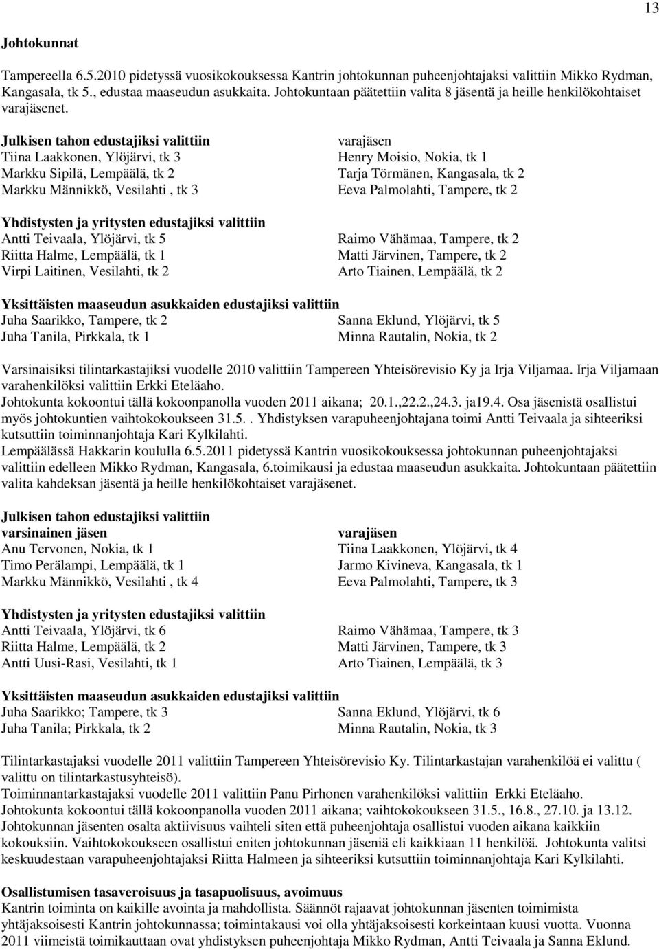 Julkisen tahon edustajiksi valittiin varajäsen Tiina Laakkonen, Ylöjärvi, tk 3 Henry Moisio, Nokia, tk Markku Sipilä, Lempäälä, tk 2 Tarja Törmänen, Kangasala, tk 2 Markku Männikkö, Vesilahti, tk 3