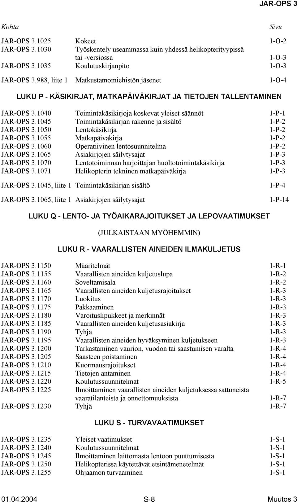 1045 Toimintakäsikirjan rakenne ja sisältö 1-P-2 JAR-OPS 3.1050 Lentokäsikirja 1-P-2 JAR-OPS 3.1055 Matkapäiväkirja 1-P-2 JAR-OPS 3.1060 Operatiivinen lentosuunnitelma 1-P-2 JAR-OPS 3.