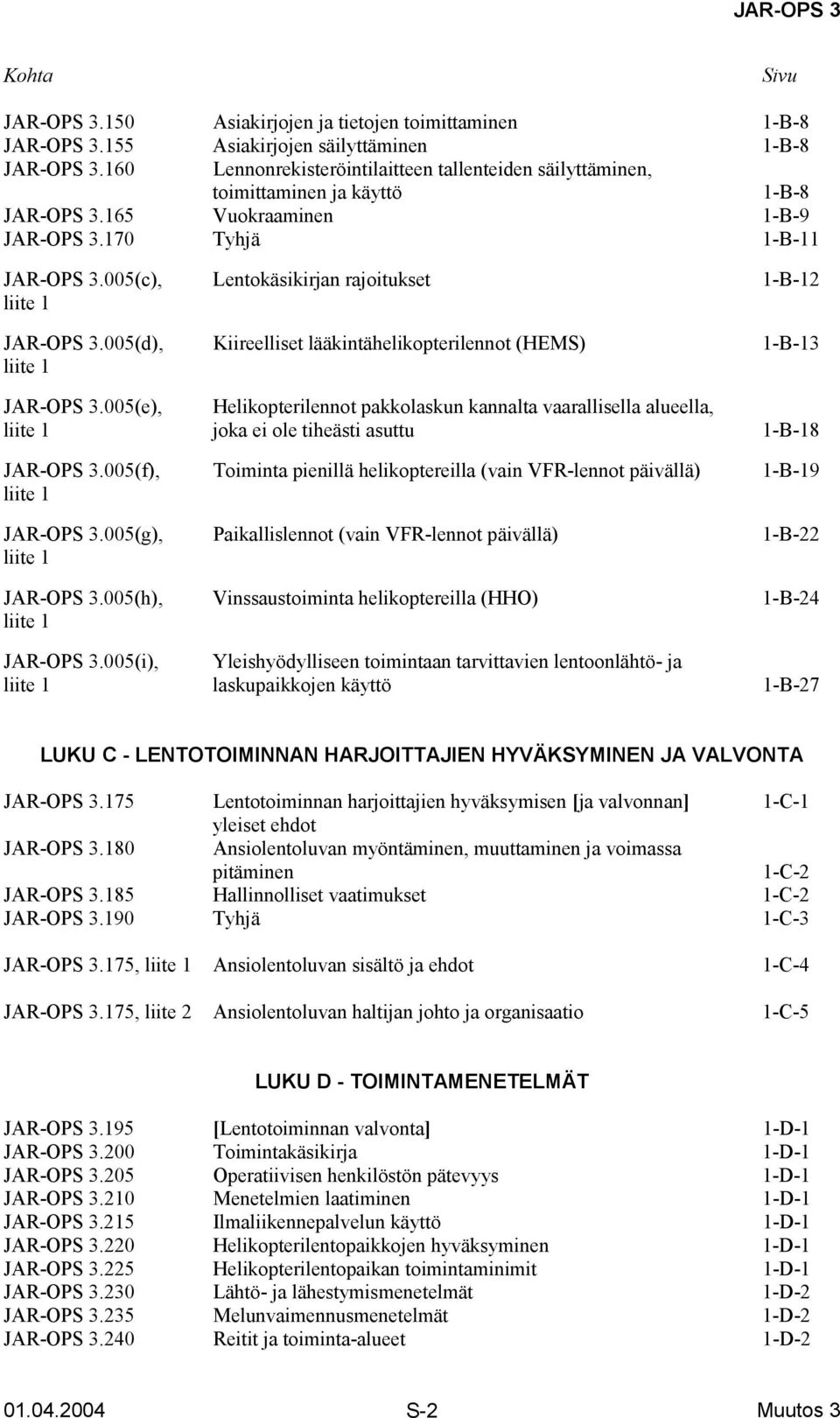 005(c), Lentokäsikirjan rajoitukset 1-B-12 liite 1 JAR-OPS 3.005(d), Kiireelliset lääkintähelikopterilennot (HEMS) 1-B-13 liite 1 JAR-OPS 3.