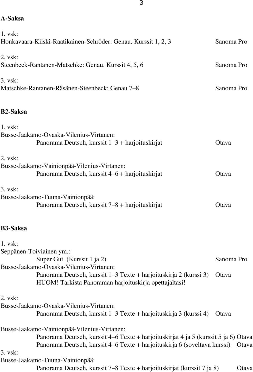 vsk: Busse-Jaakamo-Vainionpää-Vilenius-Virtanen: Panorama Deutsch, kurssit 4 6 + harjoituskirjat 3. vsk: Busse-Jaakamo-Tuuna-Vainionpää: Panorama Deutsch, kurssit 7 8 + harjoituskirjat B3-Saksa 1.