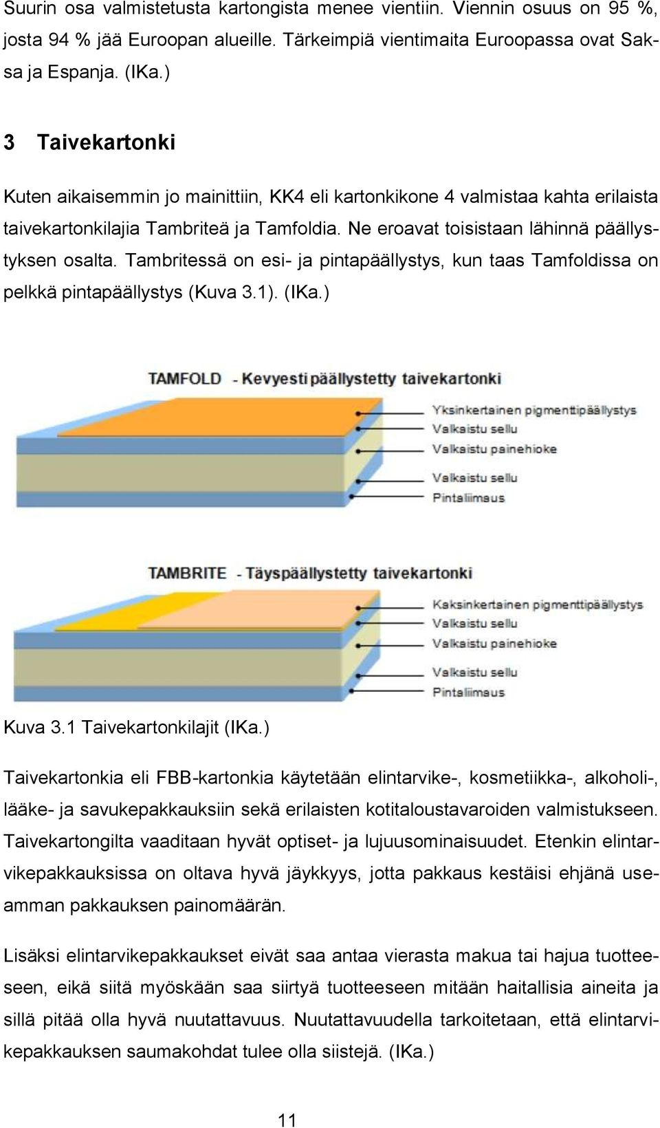 Tambritessä on esi- ja pintapäällystys, kun taas Tamfoldissa on pelkkä pintapäällystys (Kuva 3.1). (IKa.) Kuva 3.1 Taivekartonkilajit (IKa.
