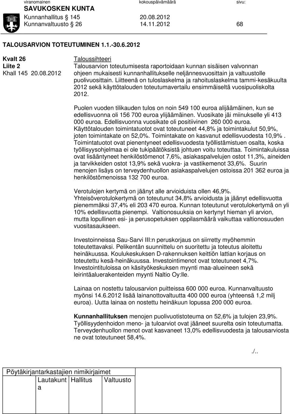 2012 Tloussihteeri Tlousrvion toteutumisest rportoidn kunnn sisäisen vlvonnn ohjeen mukisesti kunnnhllitukselle neljännesvuosittin j vltuustolle puolivuosittin.