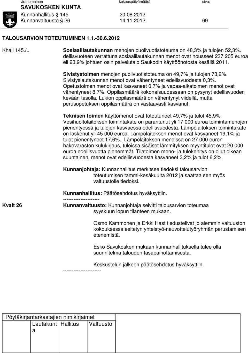 dellisvuoteen verrttun sosililutkunnn menot ovt nousseet 237 205 euro eli 23,9% johtuen osin plvelutlo Sukodin käyttöönotost kesällä 2011.