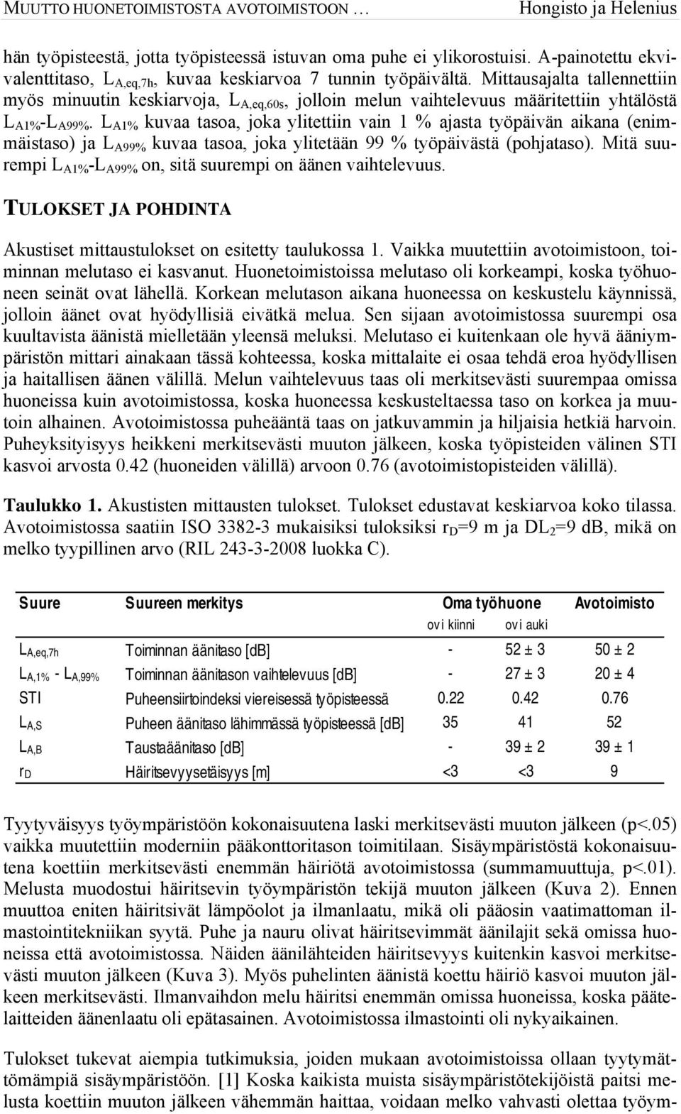 L A1% kuvaa tasoa, joka ylitettiin vain 1 % ajasta työpäivän aikana (enimmäistaso) ja L A99% kuvaa tasoa, joka ylitetään 99 % työpäivästä (pohjataso).