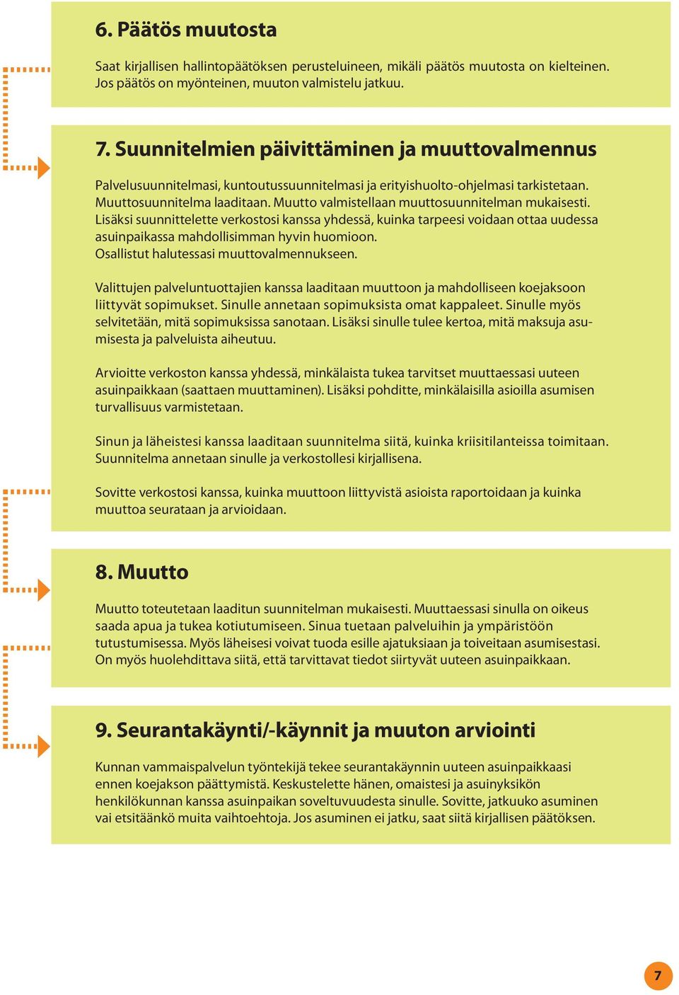 Muutto valmistellaan muuttosuunnitelman mukaisesti. Lisäksi suunnittelette verkostosi kanssa yhdessä, kuinka tarpeesi voidaan ottaa uudessa asuinpaikassa mahdollisimman hyvin huomioon.