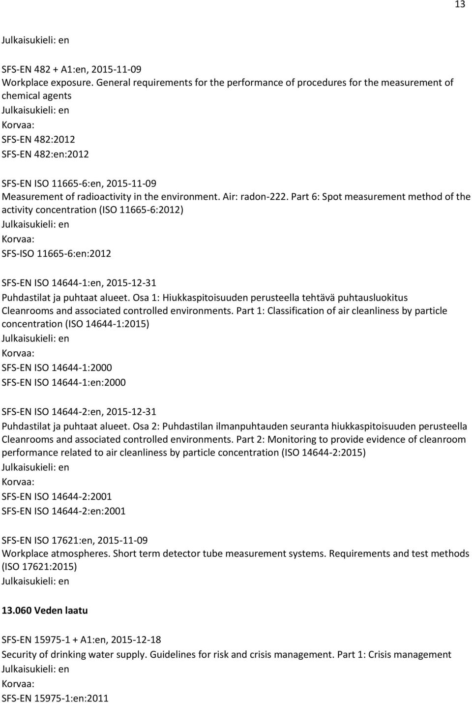 environment. Air: radon-222. Part 6: Spot measurement method of the activity concentration (ISO 11665-6:2012) SFS-ISO 11665-6:en:2012 SFS-EN ISO 14644-1:en, 2015-12-31 Puhdastilat ja puhtaat alueet.