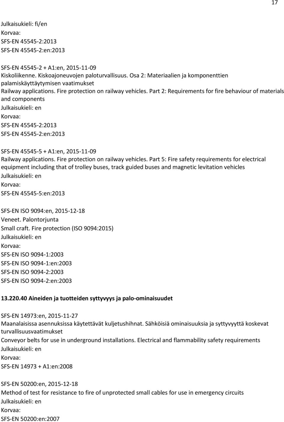 Part 2: Requirements for fire behaviour of materials and components SFS-EN 45545-2:2013 SFS-EN 45545-2:en:2013 SFS-EN 45545-5 + A1:en, 2015-11-09 Railway applications.