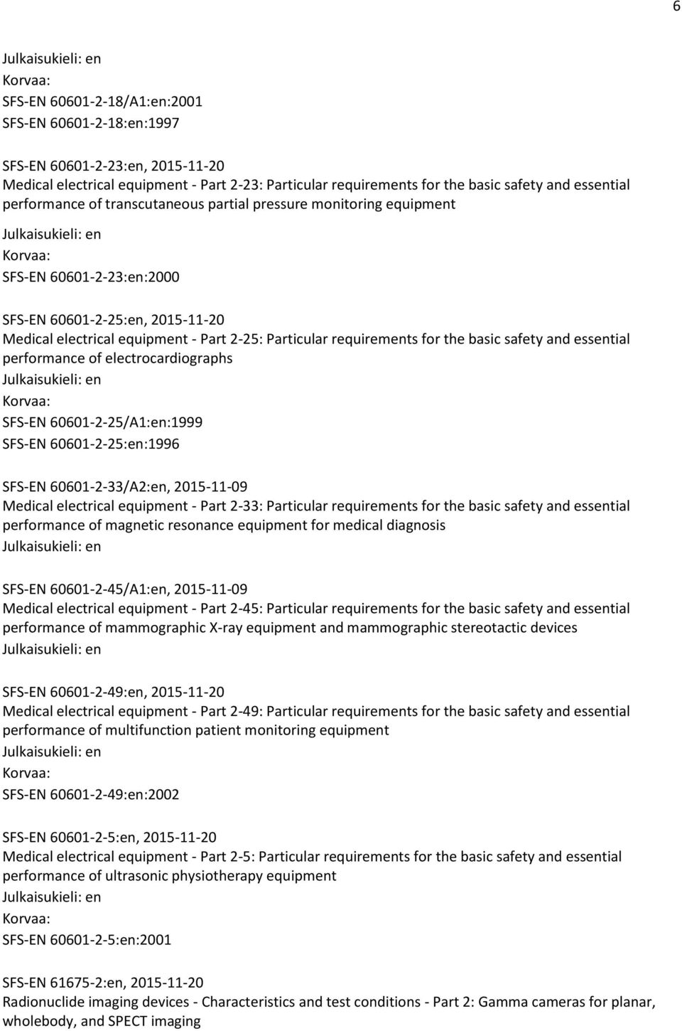 the basic safety and essential performance of electrocardiographs SFS-EN 60601-2-25/A1:en:1999 SFS-EN 60601-2-25:en:1996 SFS-EN 60601-2-33/A2:en, 2015-11-09 Medical electrical equipment - Part 2-33: