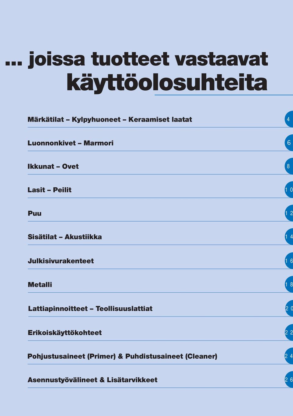 Julkisivurakenteet 1 6 Metalli 1 8 Lattiapinnoitteet Teollisuuslattiat 2 0