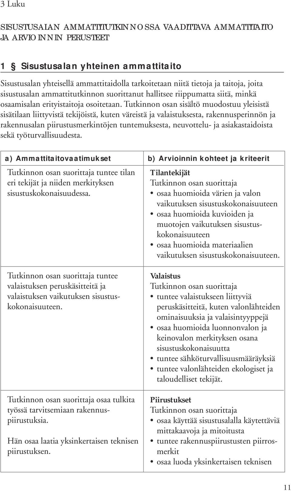 Tutkinnon osan sisältö muodostuu yleisistä sisätilaan liittyvistä tekijöistä, kuten väreistä ja valaistuksesta, rakennusperinnön ja rakennusalan piirustusmerkintöjen tuntemuksesta, neuvottelu- ja