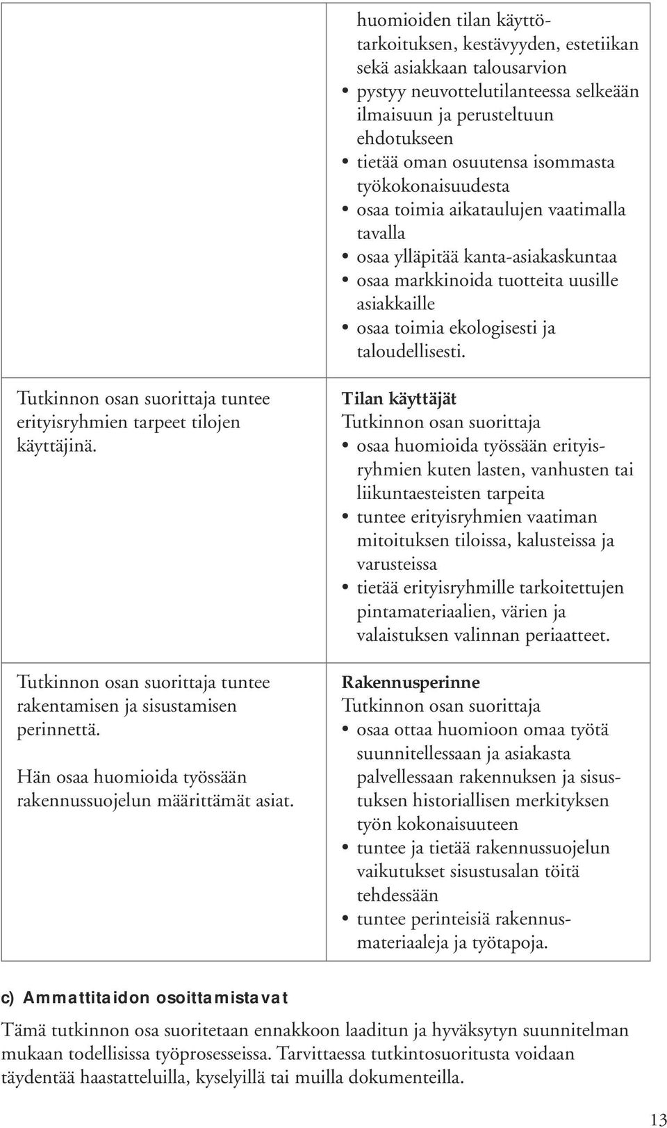 tuntee erityisryhmien tarpeet tilojen käyttäjinä. tuntee rakentamisen ja sisustamisen perinnettä. Hän osaa huomioida työssään rakennussuojelun määrittämät asiat.