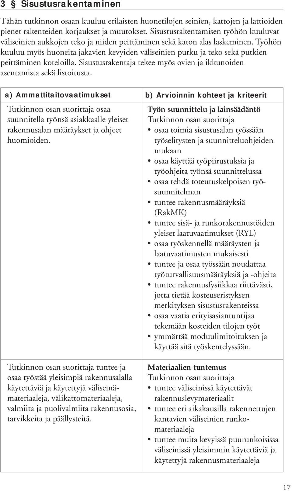 Työhön kuuluu myös huoneita jakavien kevyiden väliseinien purku ja teko sekä putkien peittäminen koteloilla. Sisustusrakentaja tekee myös ovien ja ikkunoiden asentamista sekä listoitusta.