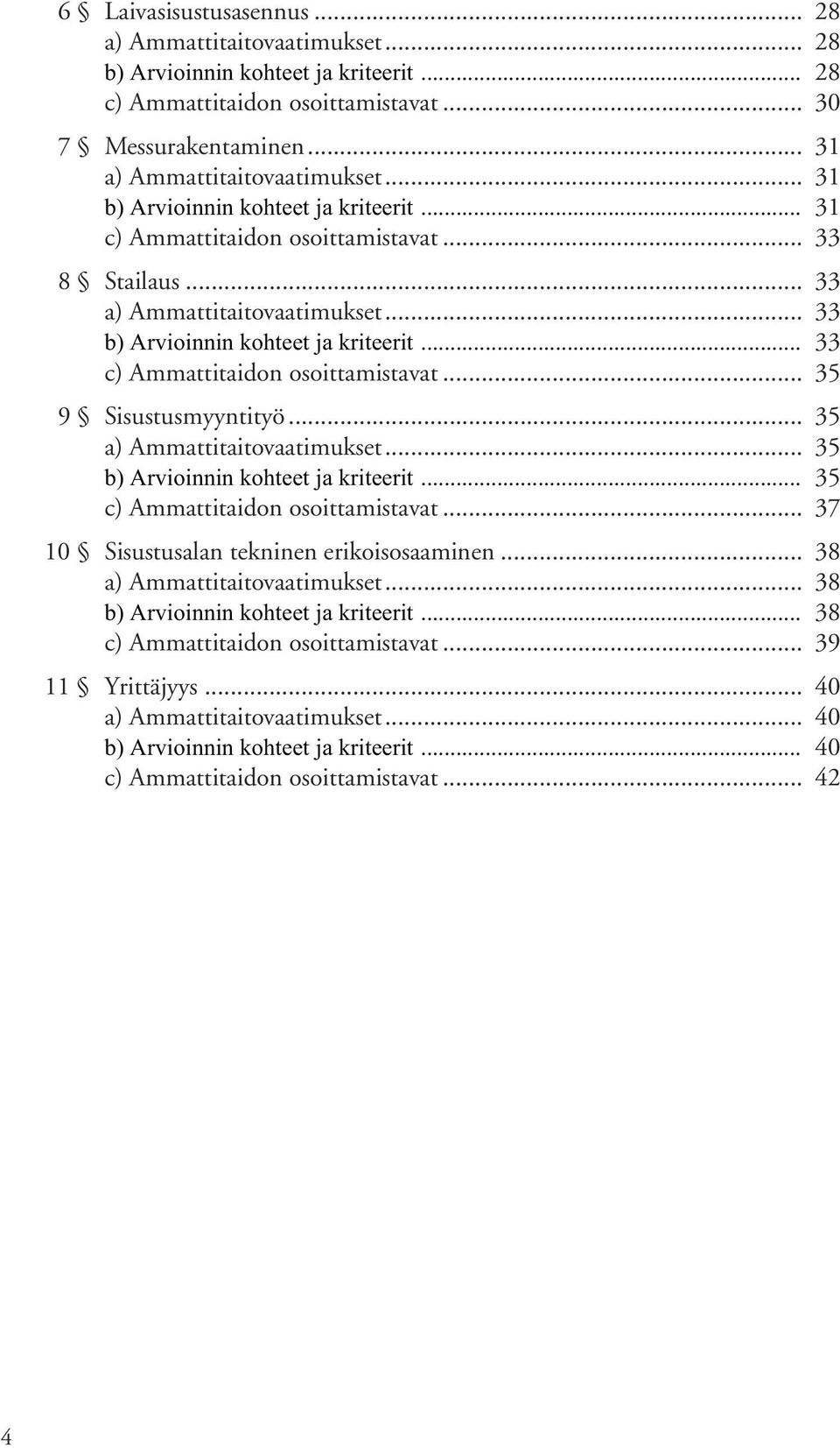 .. 33 c) Ammattitaidon osoittamistavat... 35 9 Sisustusmyyntityö... 35 a) Ammattitaitovaatimukset... 35 b) Arvioinnin kohteet ja kriteerit... 35 c) Ammattitaidon osoittamistavat.