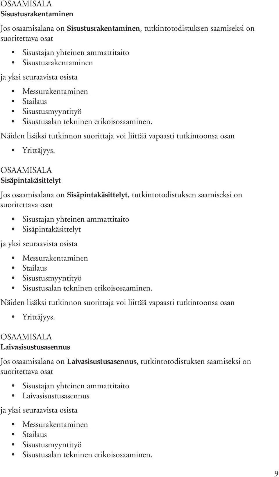 OSAAMISALA Sisäpintakäsittelyt Jos osaamisalana on Sisäpintakäsittelyt, tutkintotodistuksen saamiseksi on suoritettava osat Sisustajan yhteinen ammattitaito Sisäpintakäsittelyt ja yksi seuraavista 