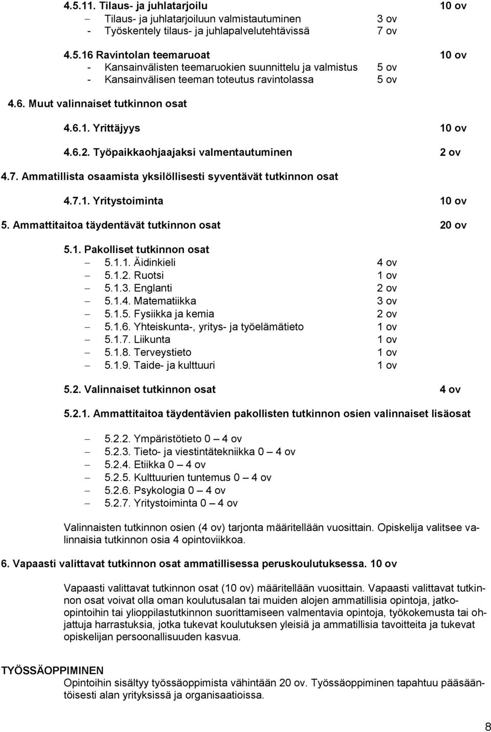 Ammattitaitoa täydentävät tutkinnon osat 20 ov 5.1. Pakolliset tutkinnon osat 5.1.1. Äidinkieli 4 ov 5.1.2. Ruotsi 1 ov 5.1.3. Englanti 2 ov 5.1.4. Matematiikka 3 ov 5.1.5. Fysiikka ja kemia 2 ov 5.1.6.