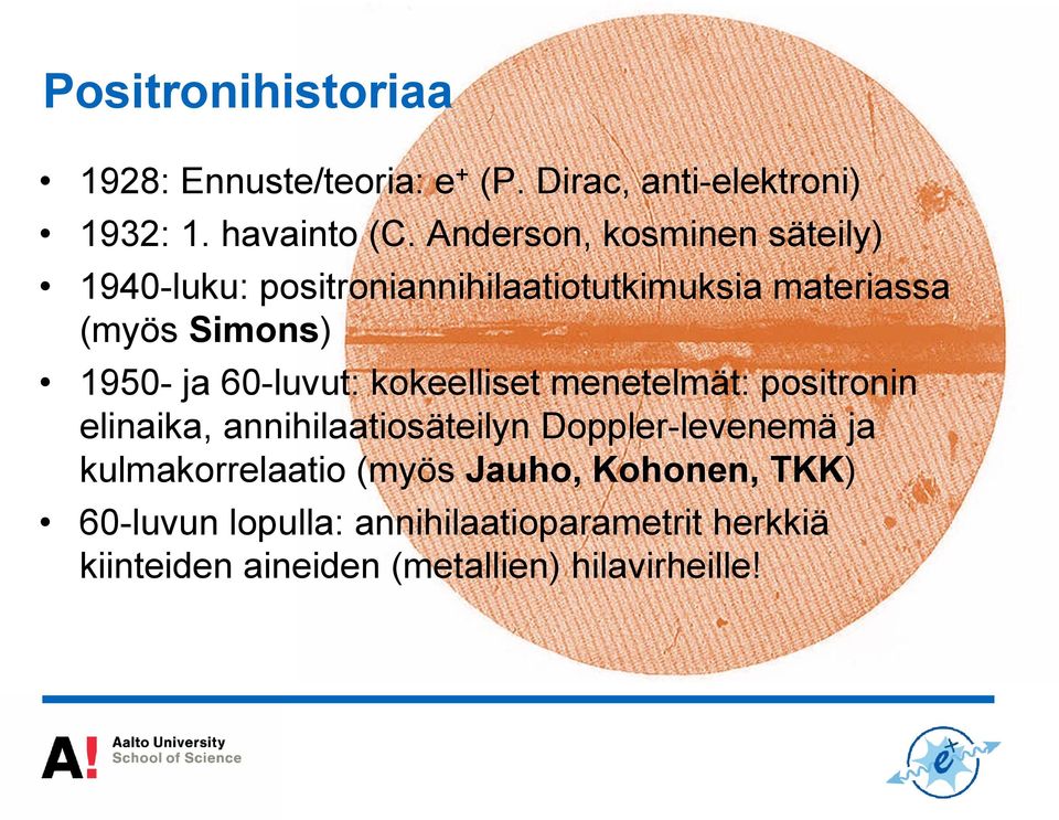 60-luvut: kokeelliset menetelmät: positronin elinaika, annihilaatiosäteilyn Doppler-levenemä ja