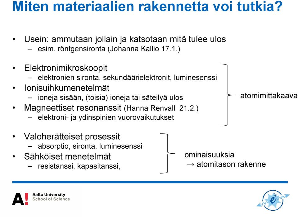 .1.) Elektronimikroskoopit elektronien sironta, sekundäärielektronit, luminesenssi Ionisuihkumenetelmät ioneja sisään, (toisia)