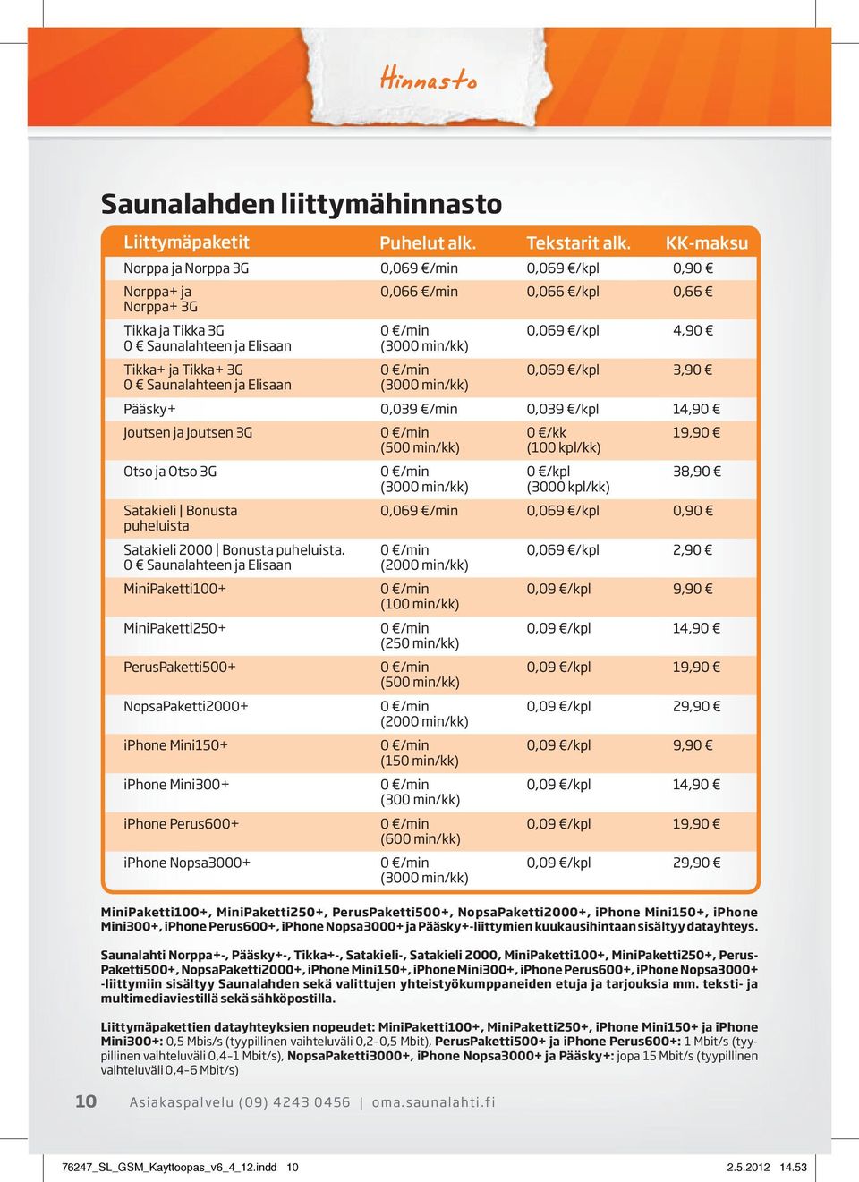 (3000 min/kk) (3000 min/kk) 10 Asiakaspalvelu (09) 4243 0456 oma.saunalahti.