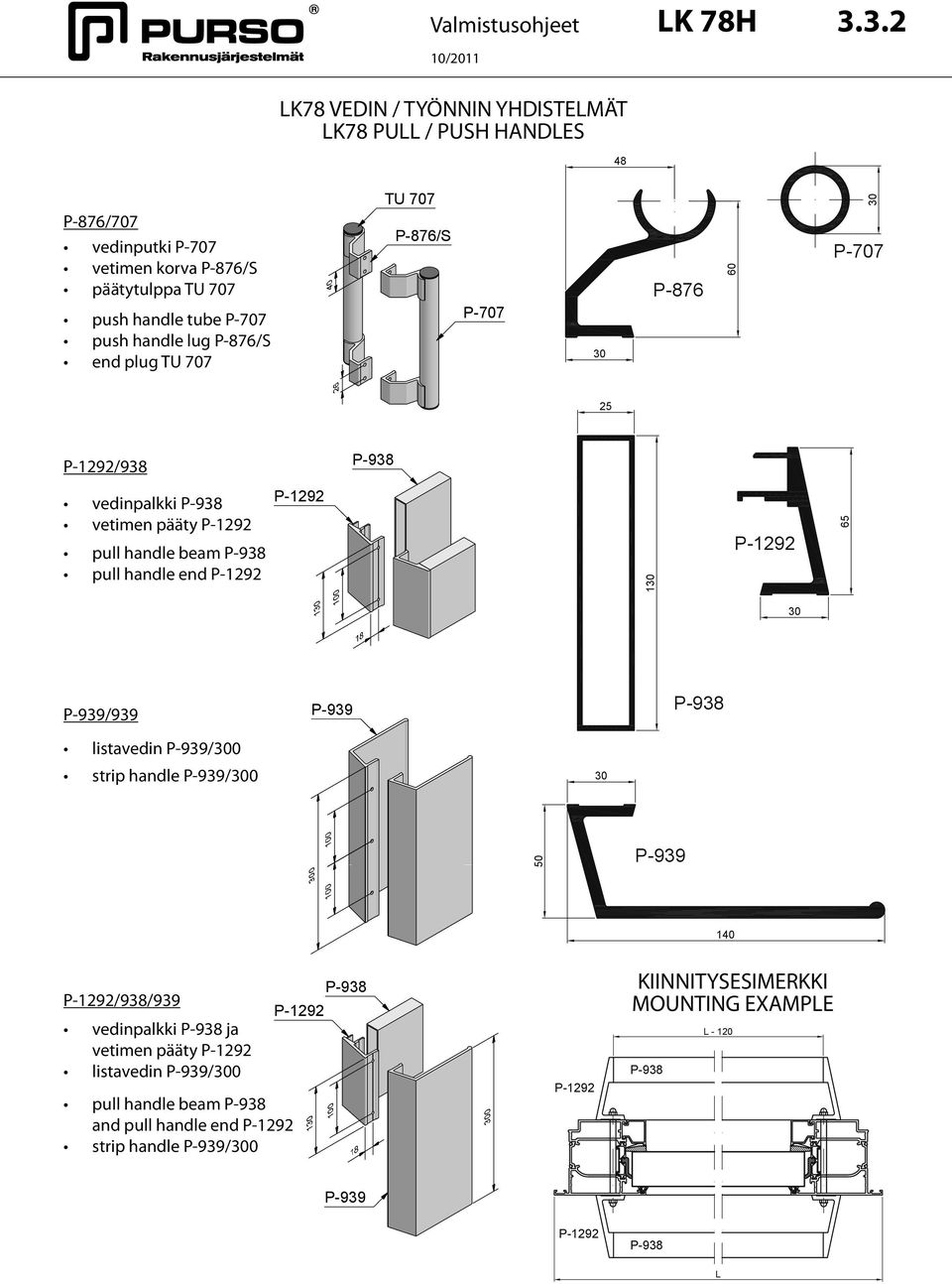 handle tube P-707 push handle lug P-876/S end plug TU 707 P-707 30 25 P-1292/938 P-938 vedinpalkki P-938 vetimen pääty P-1292 pull handle beam P-938 pull handle end P-1292