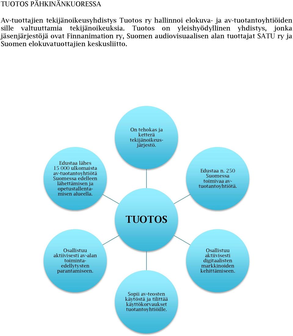 On tehokas ja ketterä tekijänoikeusjärjestö. Edustaa lähes 15 000 ulkomaista av-tuotantoyhtiötä Suomessa edelleen lähettämisen ja opetustallentamisen alueella. Edustaa n.