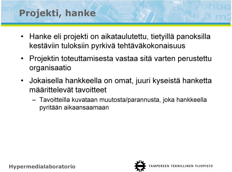 perustettu organisaatio Jokaisella hankkeella on omat, juuri kyseistä hanketta