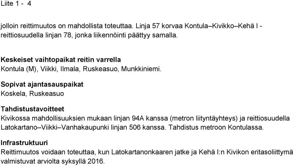Sopivat ajantasauspaikat Koskela, Ruskeasuo Tahdistustavoitteet Kivikossa mahdollisuuksien mukaan linjan 94A kanssa (metron liityntäyhteys) ja reittiosuudella