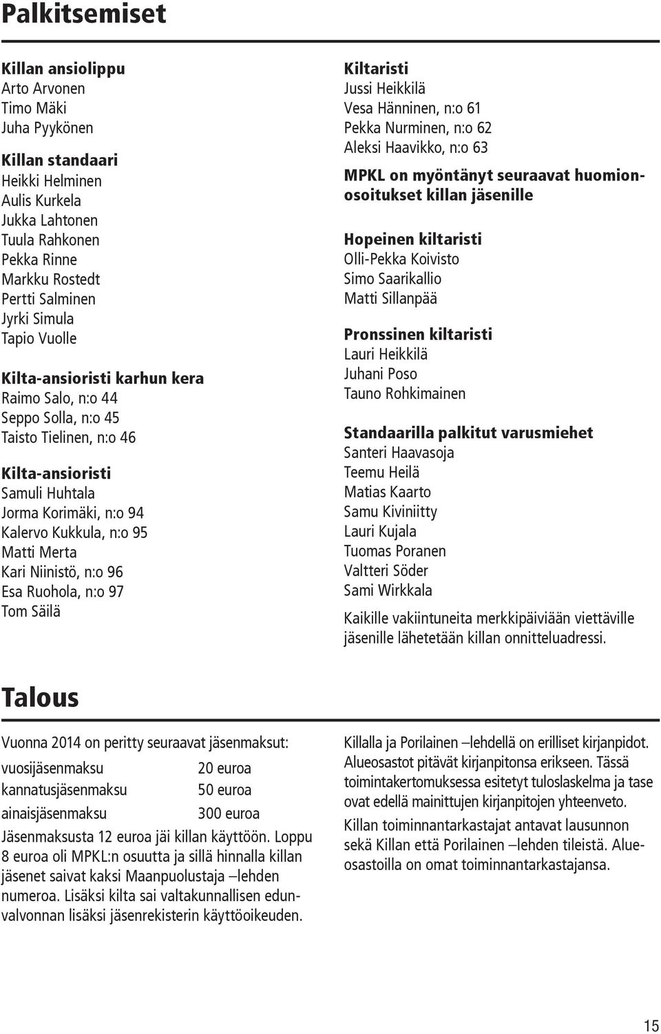 Merta Kari Niinistö, n:o 96 Esa Ruohola, n:o 97 Tom Säilä Kiltaristi Jussi Heikkilä Vesa Hänninen, n:o 61 Pekka Nurminen, n:o 62 Aleksi Haavikko, n:o 63 MPKL on myöntänyt seuraavat huomionosoitukset