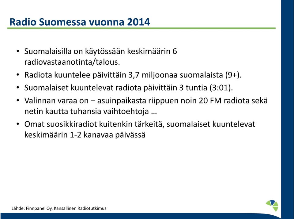 Suomalaiset kuuntelevat radiota päivittäin 3 tuntia (3:01).