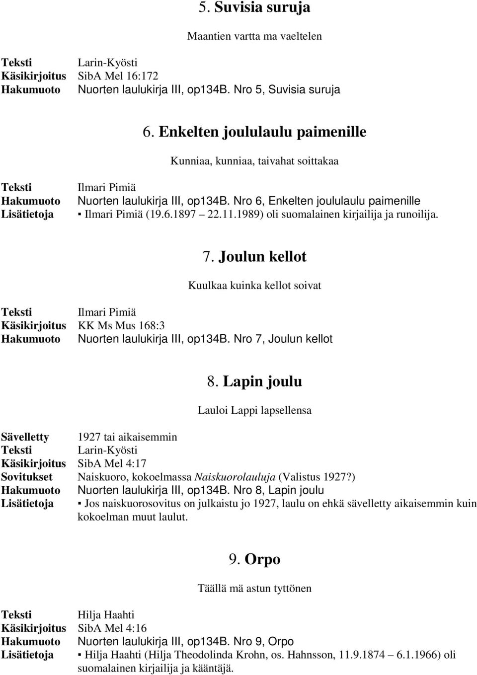 1989) oli suomalainen kirjailija ja runoilija. 7. Joulun kellot Kuulkaa kuinka kellot soivat Ilmari Pimiä Nuorten laulukirja III, op134b. Nro 7, Joulun kellot 8.