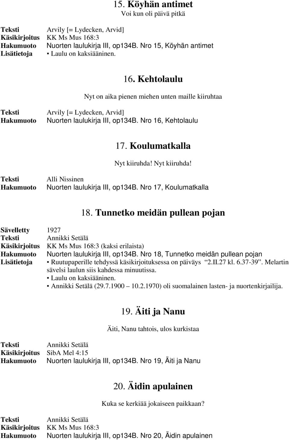 Nyt kiiruhda! Alli Nissinen Nuorten laulukirja III, op134b. Nro 17, Koulumatkalla 18. Tunnetko meidän pullean pojan Sävelletty 1927 Annikki Setälä (kaksi erilaista) Nuorten laulukirja III, op134b.