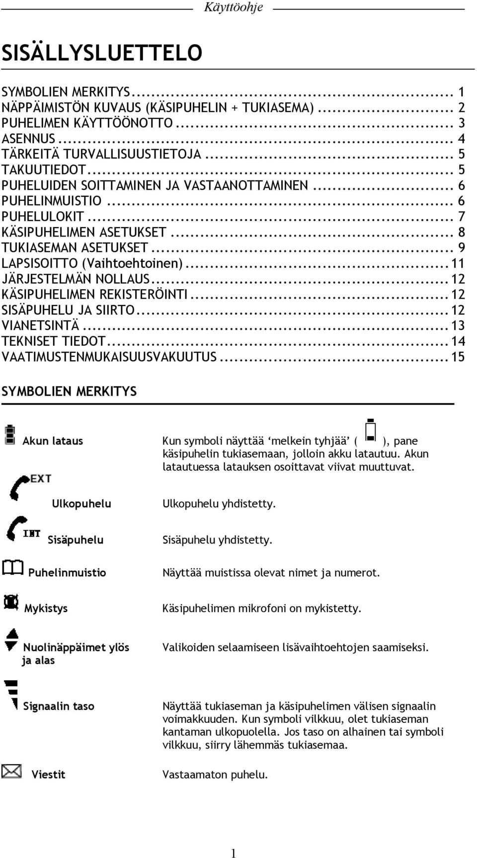 .. 12 KÄSIPUHELIMEN REKISTERÖINTI... 12 SISÄPUHELU JA SIIRTO... 12 VIANETSINTÄ... 13 TEKNISET TIEDOT... 14 VAATIMUSTENMUKAISUUSVAKUUTUS.