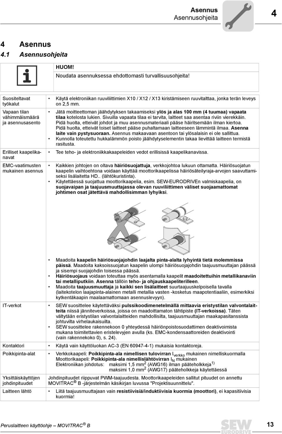 ruuvitalttaa, jonka terän leveys on 2,5 mm. Jätä moitteettoman jäähdytyksen takaamiseksi ylös ja alas 100 mm (4 tuumaa) vapaata tilaa kotelosta lukien.