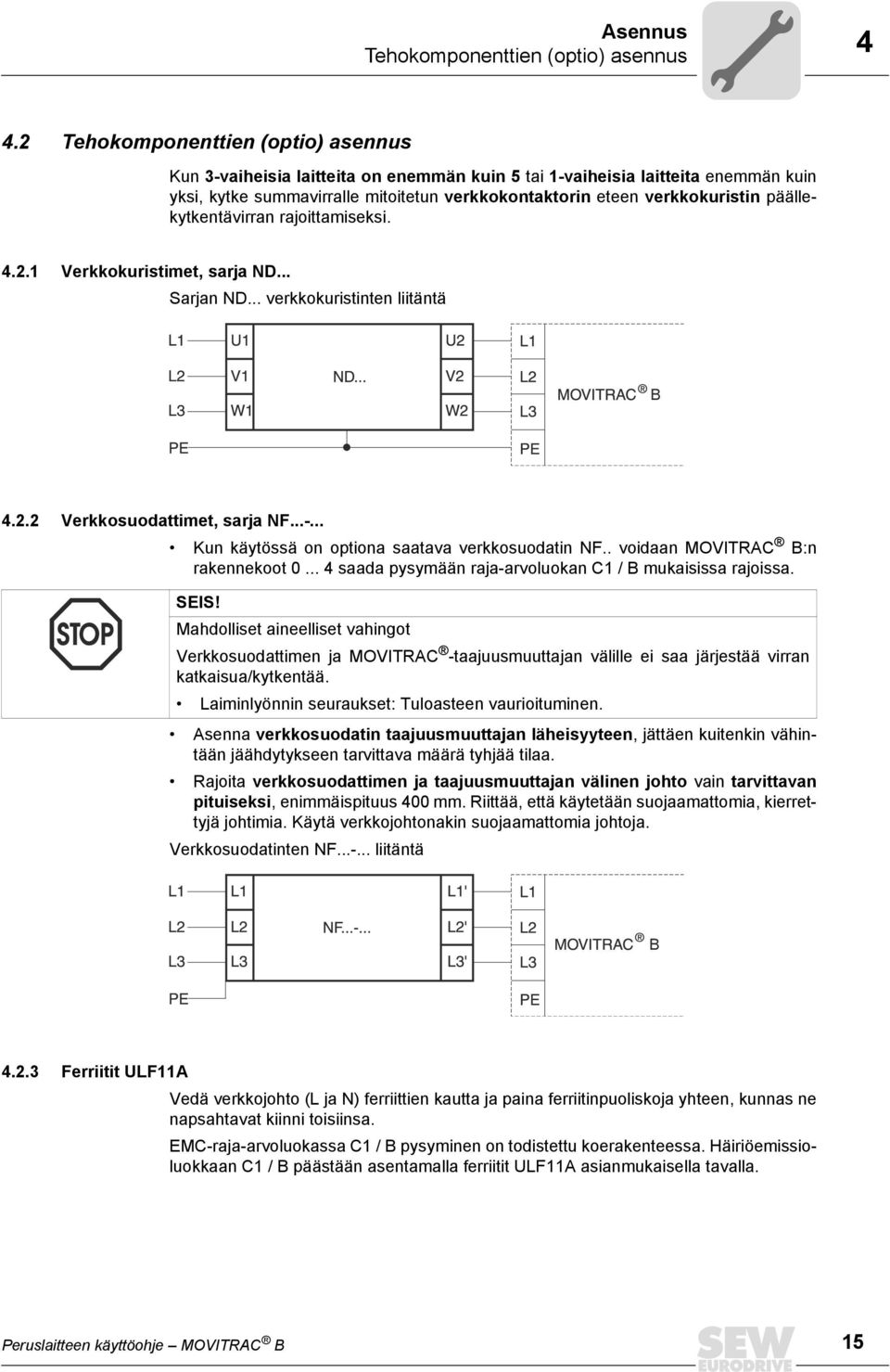 päällekytkentävirran rajoittamiseksi. 4.2.1 Verkkokuristimet, sarja ND... Sarjan ND... verkkokuristinten liitäntä B 4.2.2 Verkkosuodattimet, sarja NF...-.