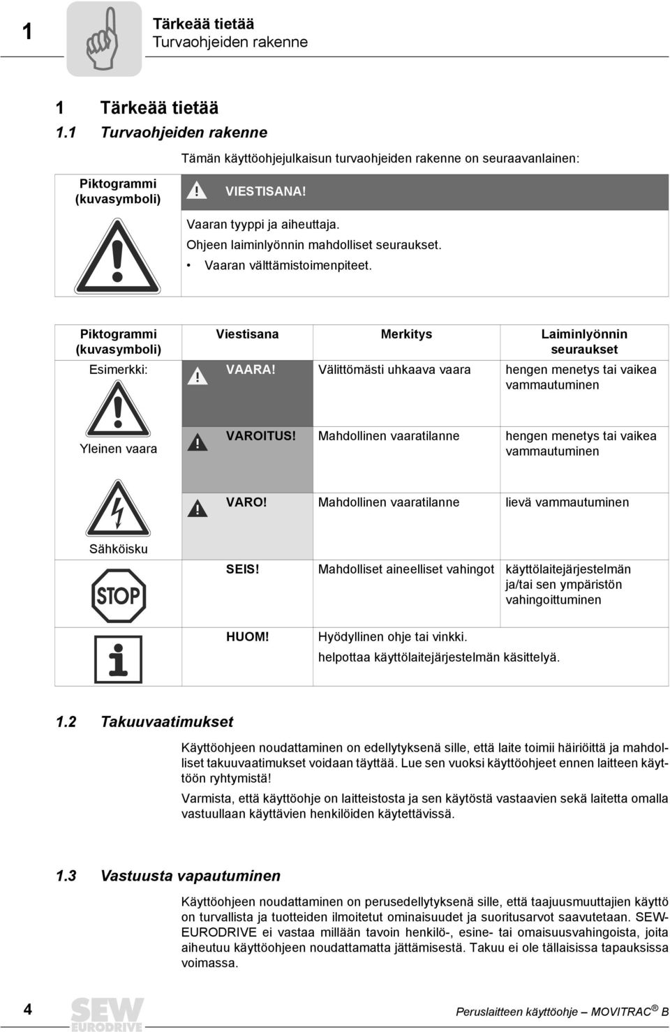 Välittömästi uhkaava vaara hengen menetys tai vaikea vammautuminen Yleinen vaara VAROITUS! Mahdollinen vaaratilanne hengen menetys tai vaikea vammautuminen VARO!