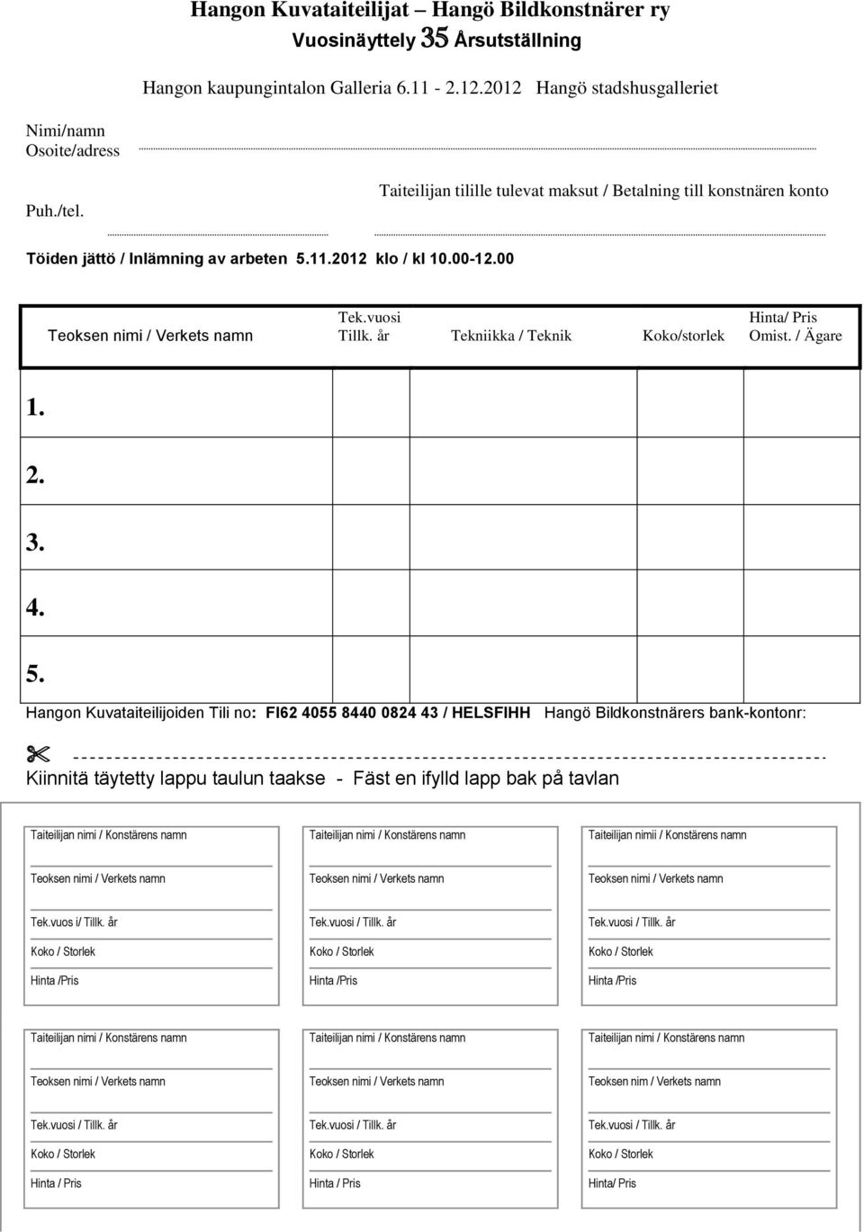 år Tekniikka / Teknik Koko/storlek Hinta/ Pris Omist. / Ägare 1. 2. 3. 4. 5.