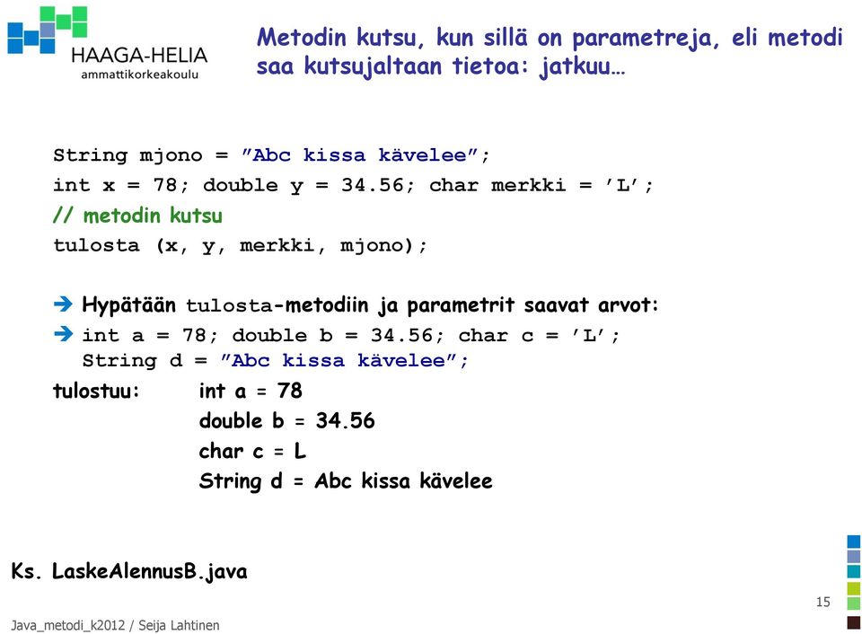 56; char merkki = L ; // metodin kutsu tulosta (x, y, merkki, mjono); Hypätään tulosta-metodiin ja parametrit