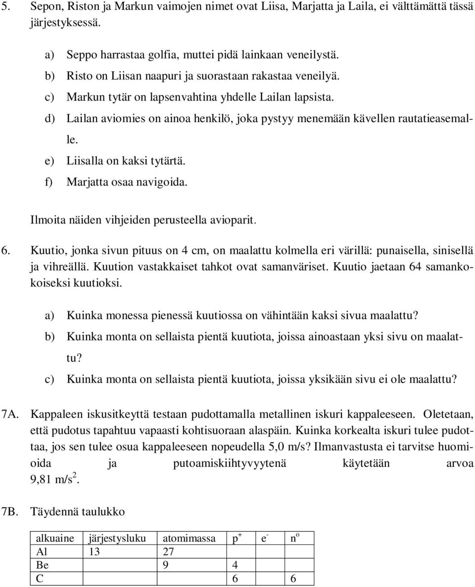 d) Lailan aviomies on ainoa henkilö, joka pystyy menemään kävellen rautatieasemalle. e) Liisalla on kaksi tytärtä. f) Marjatta osaa navigoida. Ilmoita näiden vihjeiden perusteella avioparit. 6.