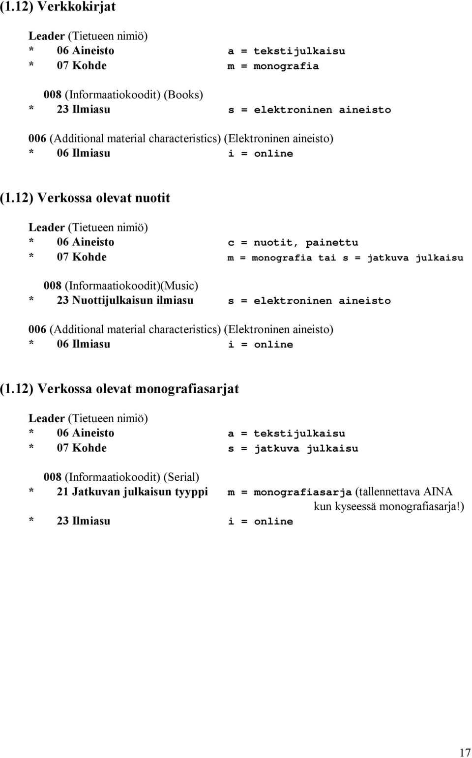 12) Verkossa olevat nuotit * 06 Aineisto c = nuotit, painettu 008 (Informaatiokoodit)(Music) * 23 Nuottijulkaisun ilmiasu s = elektroninen aineisto 006 (Additional