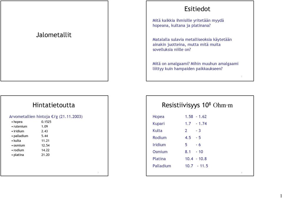 Mihin muuhun amalgaami liittyy kuin hampaiden paikkaukseen? 2 Hintatietoutta Arvometallien hintoja /g (21.11.2003) hopea 0.1525 rutenium 1.